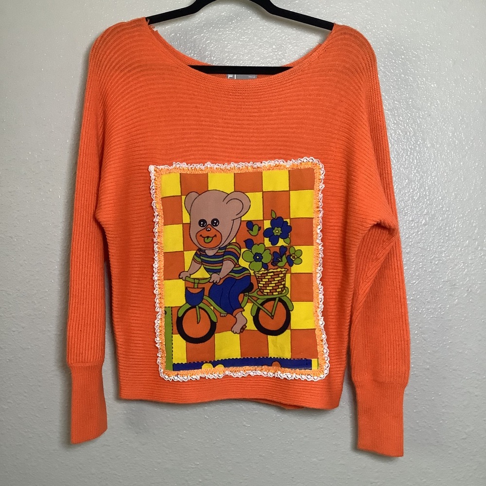 Upcycled Reworked Orange Wool Blend Vintage Retro Teddy Bear Bike Sweater S